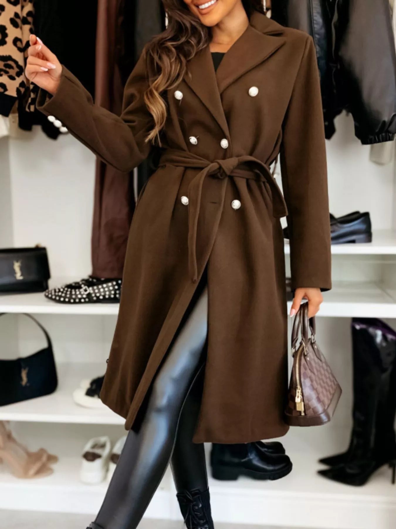 Double-Breasted Tie Waist Overcoat