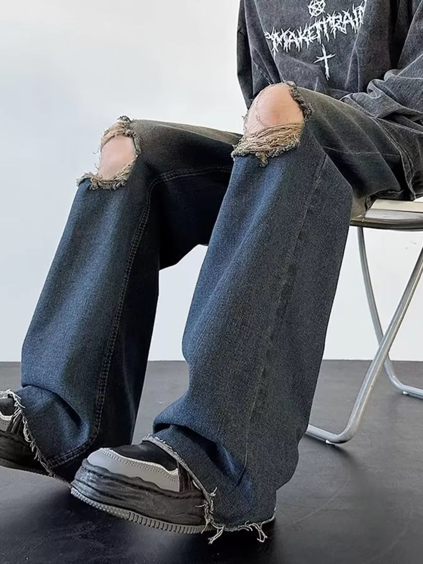 Men's Full Size Distressed Wide Leg Jeans Plus Size
