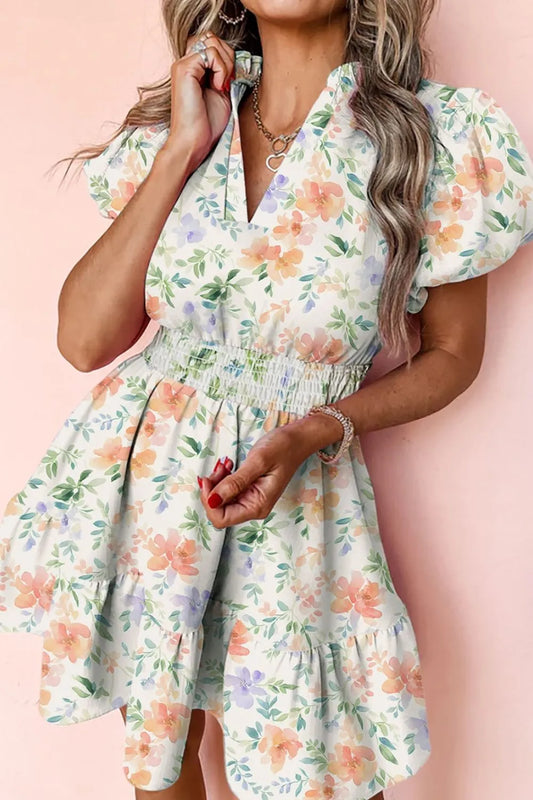 Frill Notched Puff Sleeve Dress