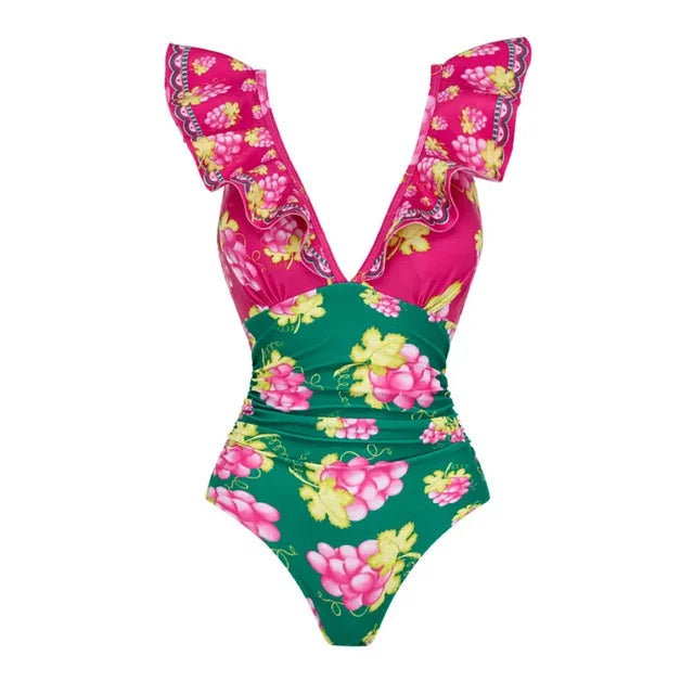 Long sleeved V-neck printed one piece swimsuit for women