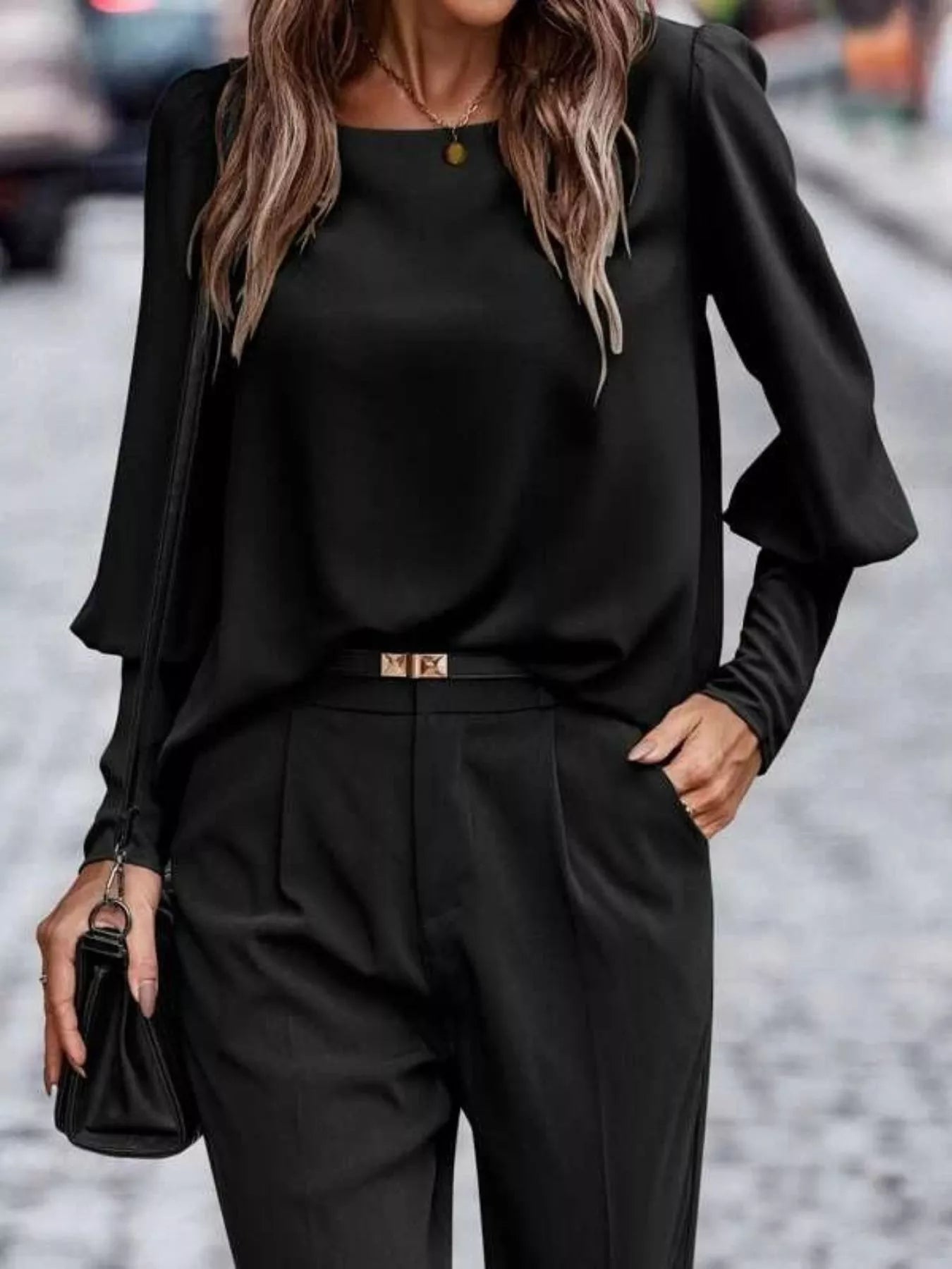 Back Button Lantern Sleeve Blouse