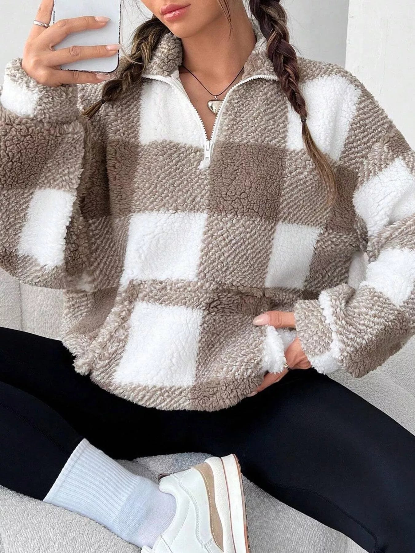 Full Size Plaid Sherpa Long Sleeve Sweatshirt Plus Size