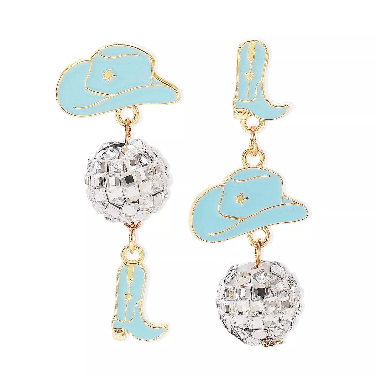 Asymmetrical Cowgirl Boot Hat Ball Dangle Earrings