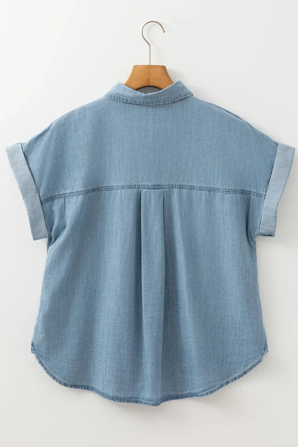 Folded Short Sleeve Patched Pocket Denim Shirt