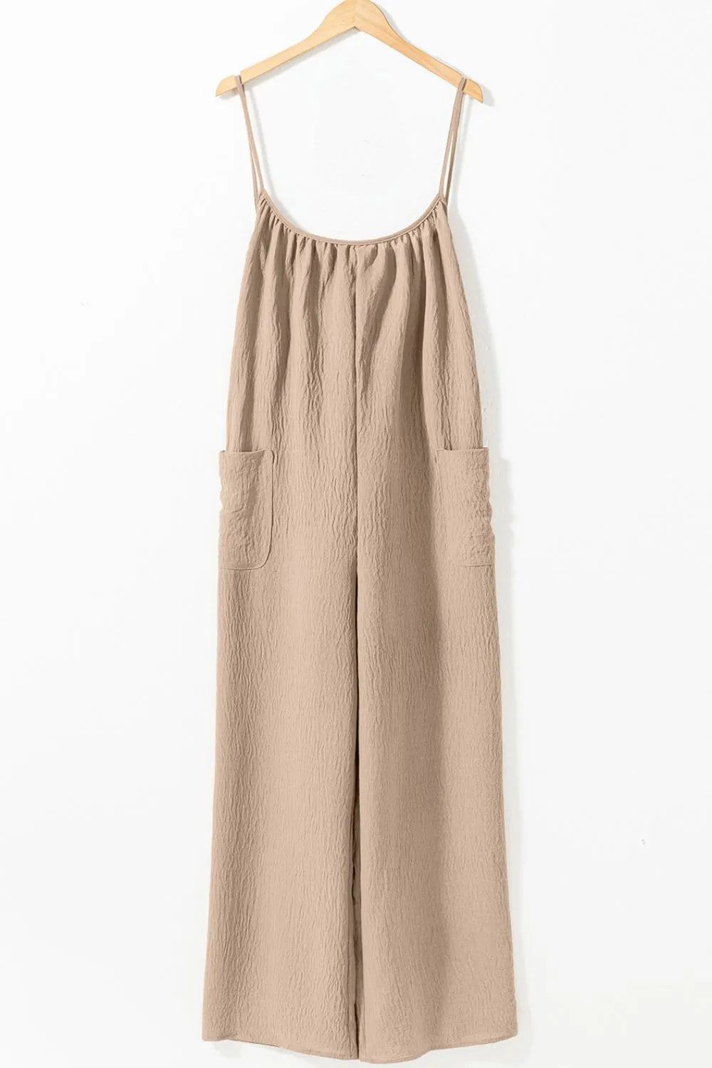 Spaghetti Strap Waist Tie Wide Leg Jumpsuit with Pockets