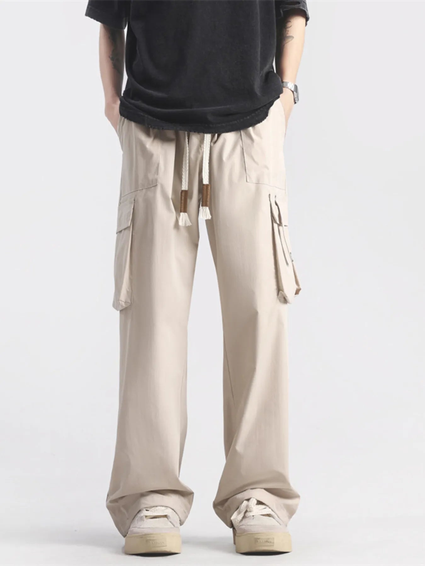Men's Plus Size Loose Fit Cargo Pants with Drawstring