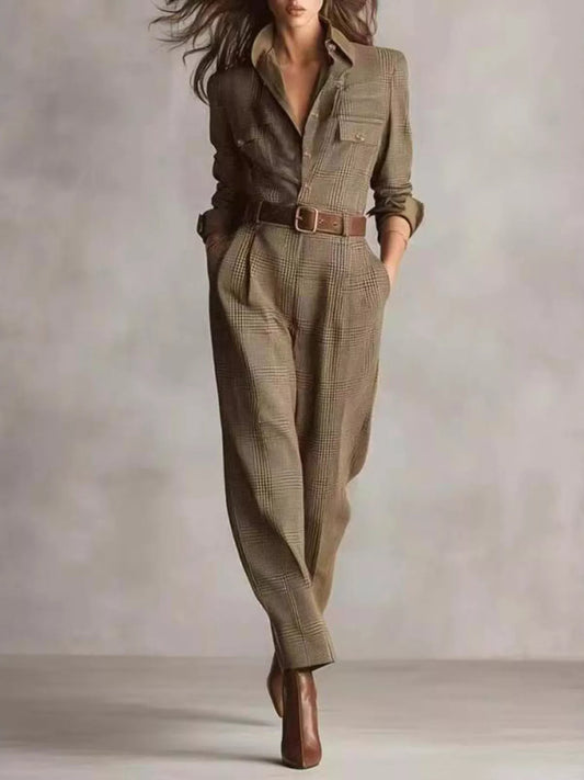 Button Front Long Sleeve Jumpsuit
