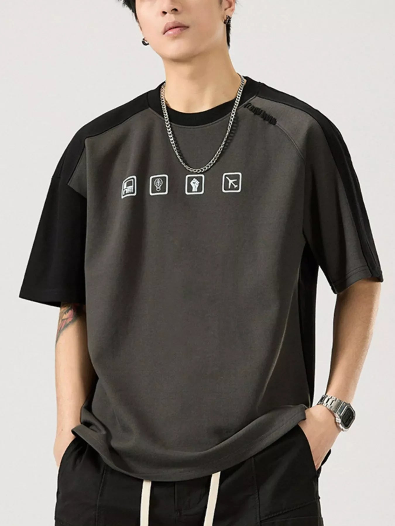 Men's Full Size Contrast Sleeve Casual T-Shirt Plus Size