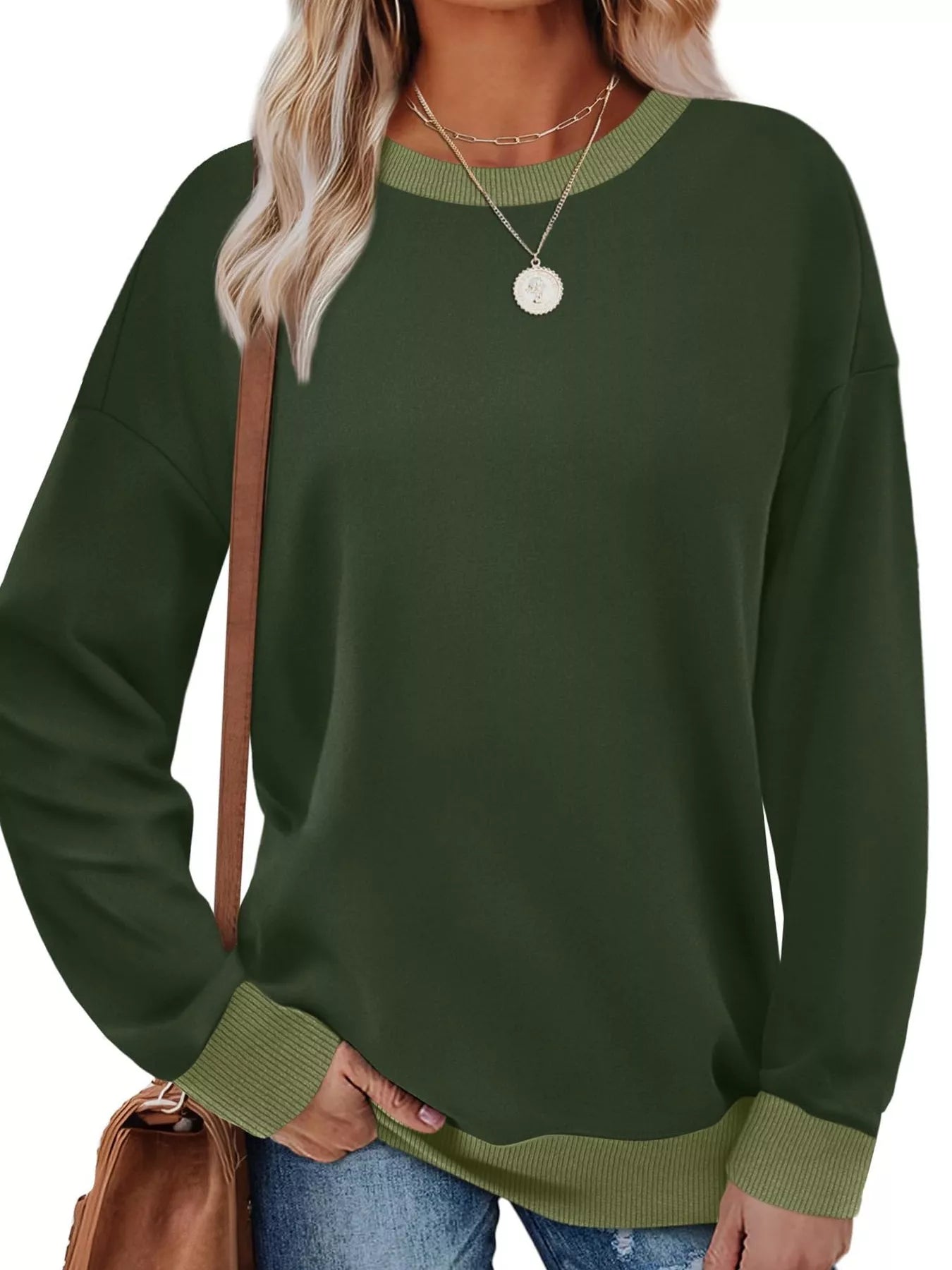 Contrast Trim Crew Neck Casual Sweatshirt