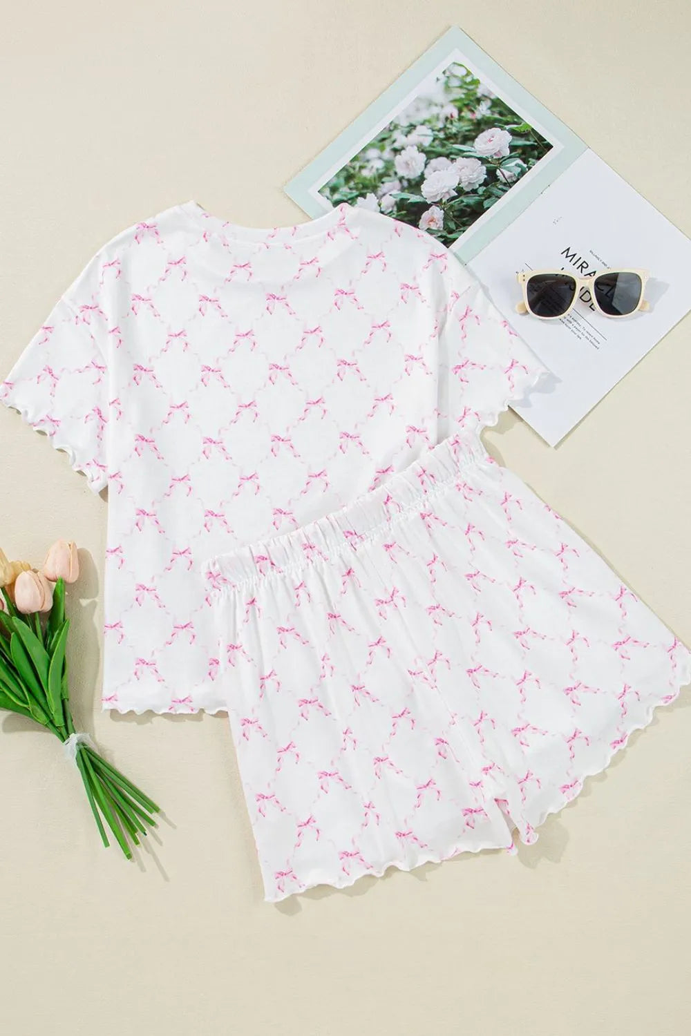 Bow Print Lettuce Trim Round Neck Top and Shorts Lounge Set