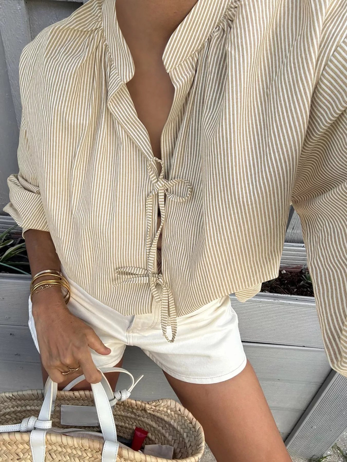 Striped Tie-Front Long Sleeve Shirt