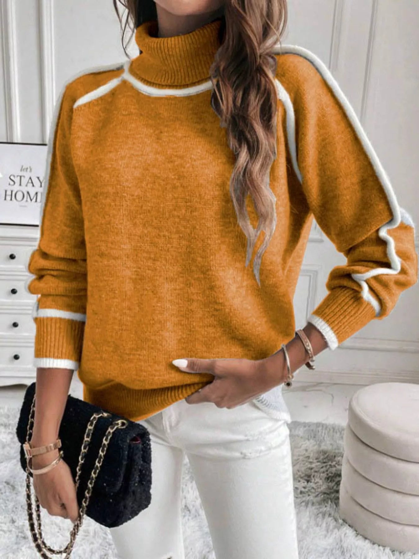 Full Size Turtleneck Contrast Trim Sweater Plus Size