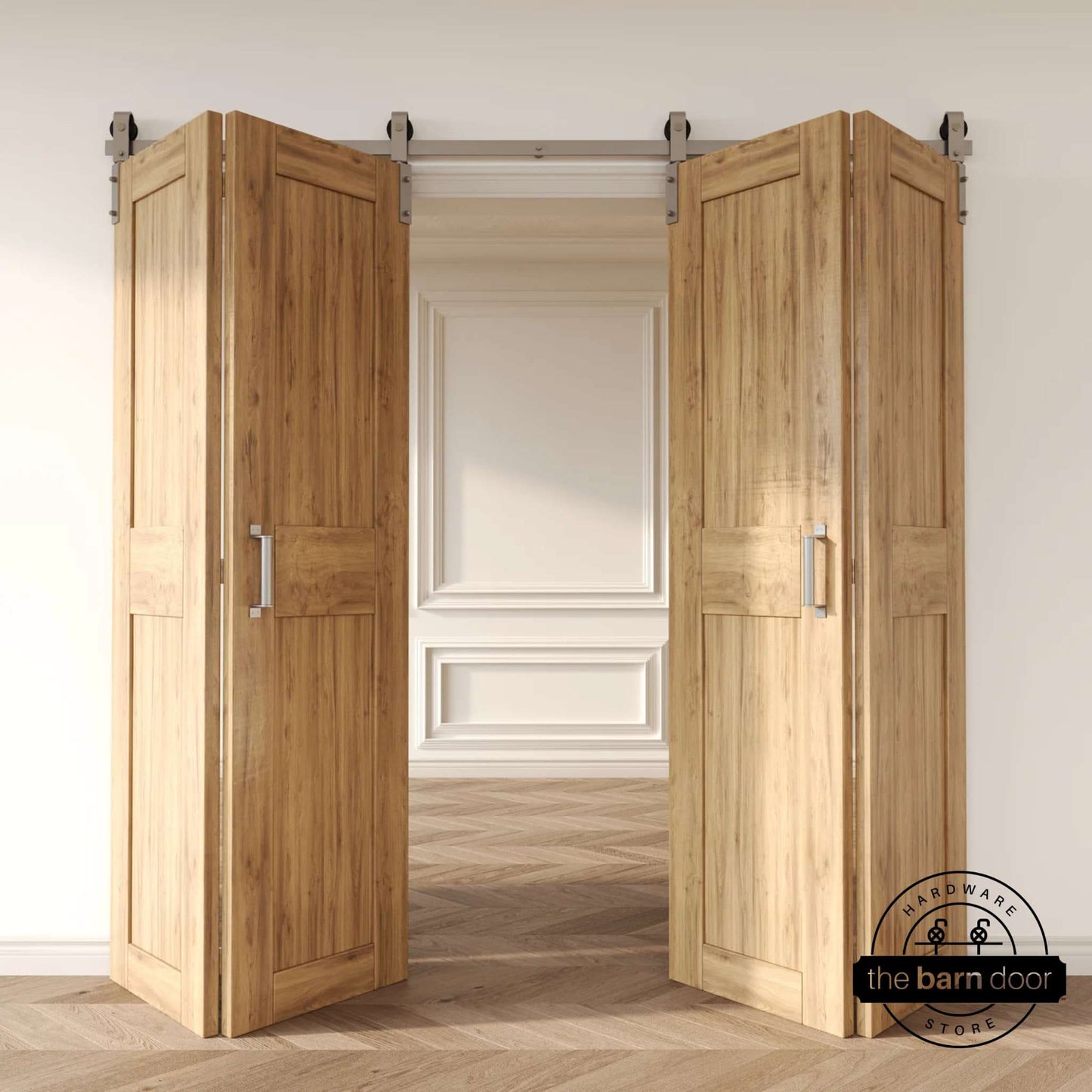 J-Strap Bifold Barn Door Hardware | Brushed Nickel | 4 Door Biparting Kit