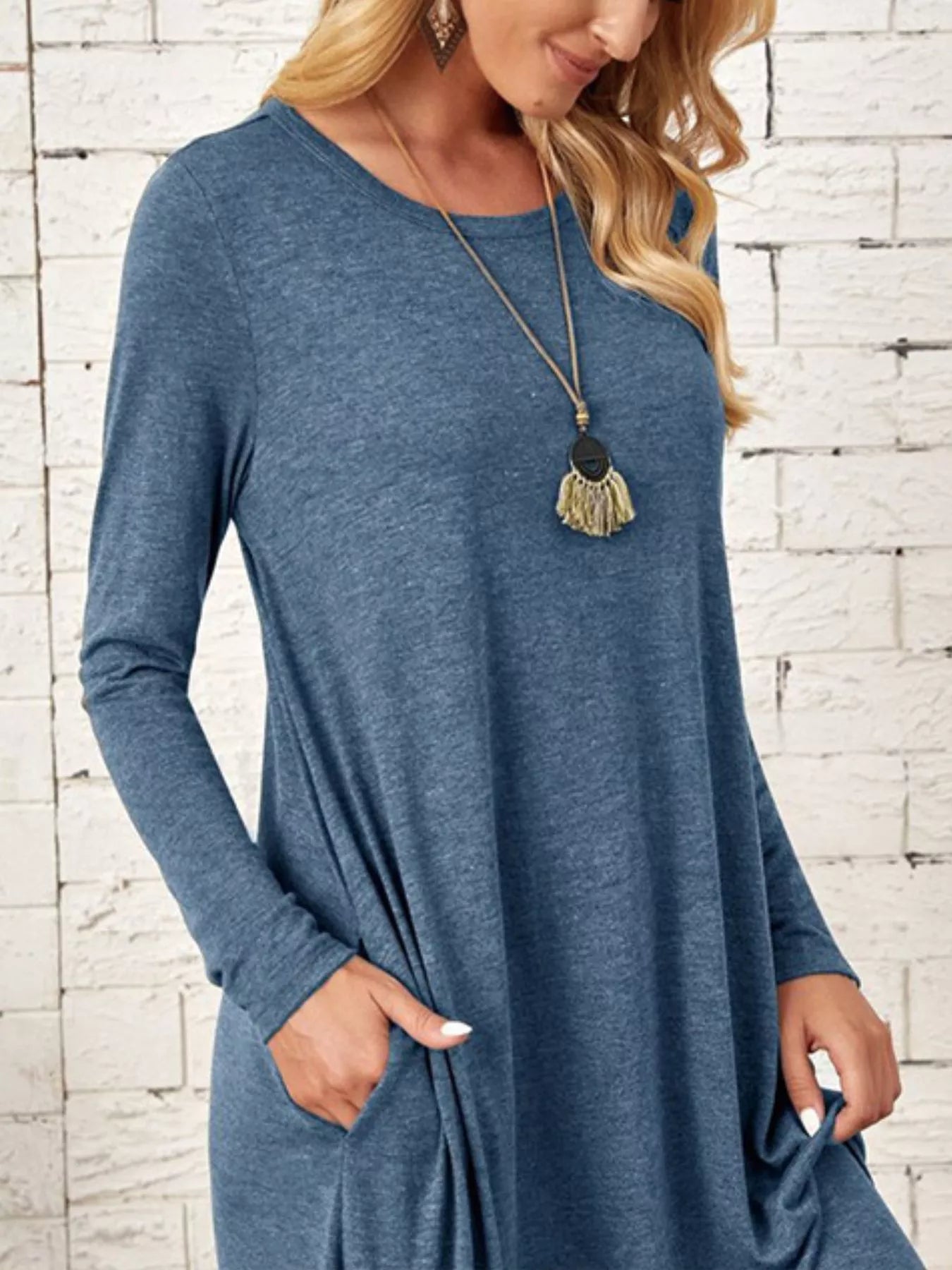 Casual Long Sleeve Pocket Midi Dress
