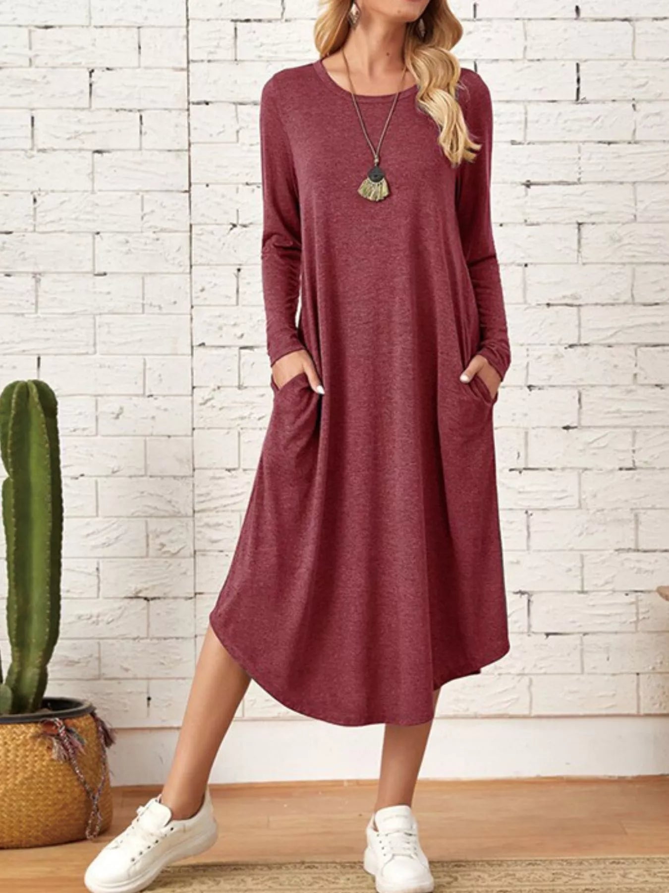 Casual Long Sleeve Pocket Midi Dress