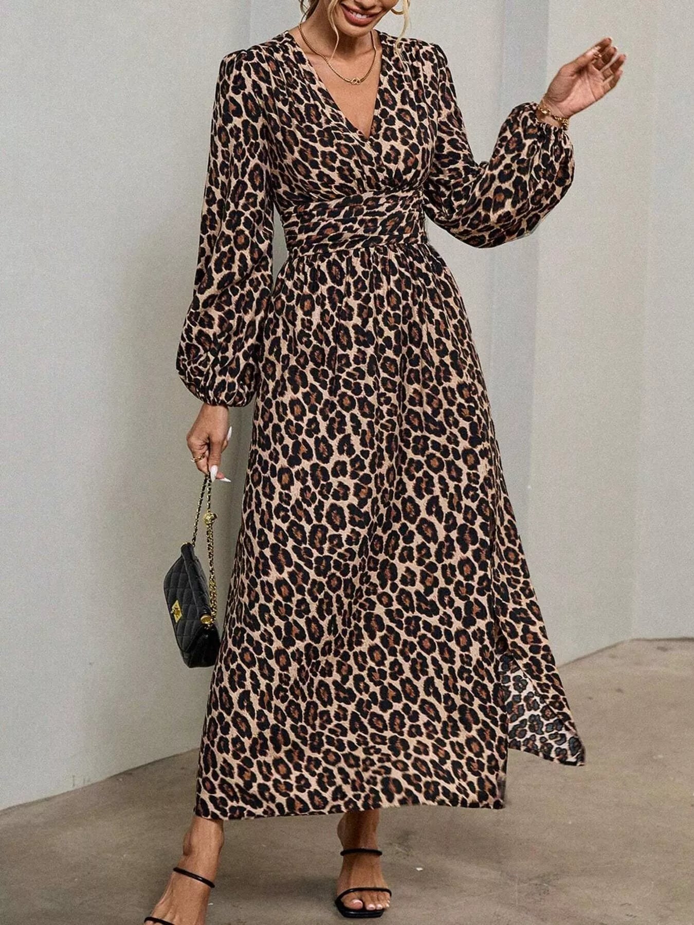 Slit Balloon Sleeve Midi Dress