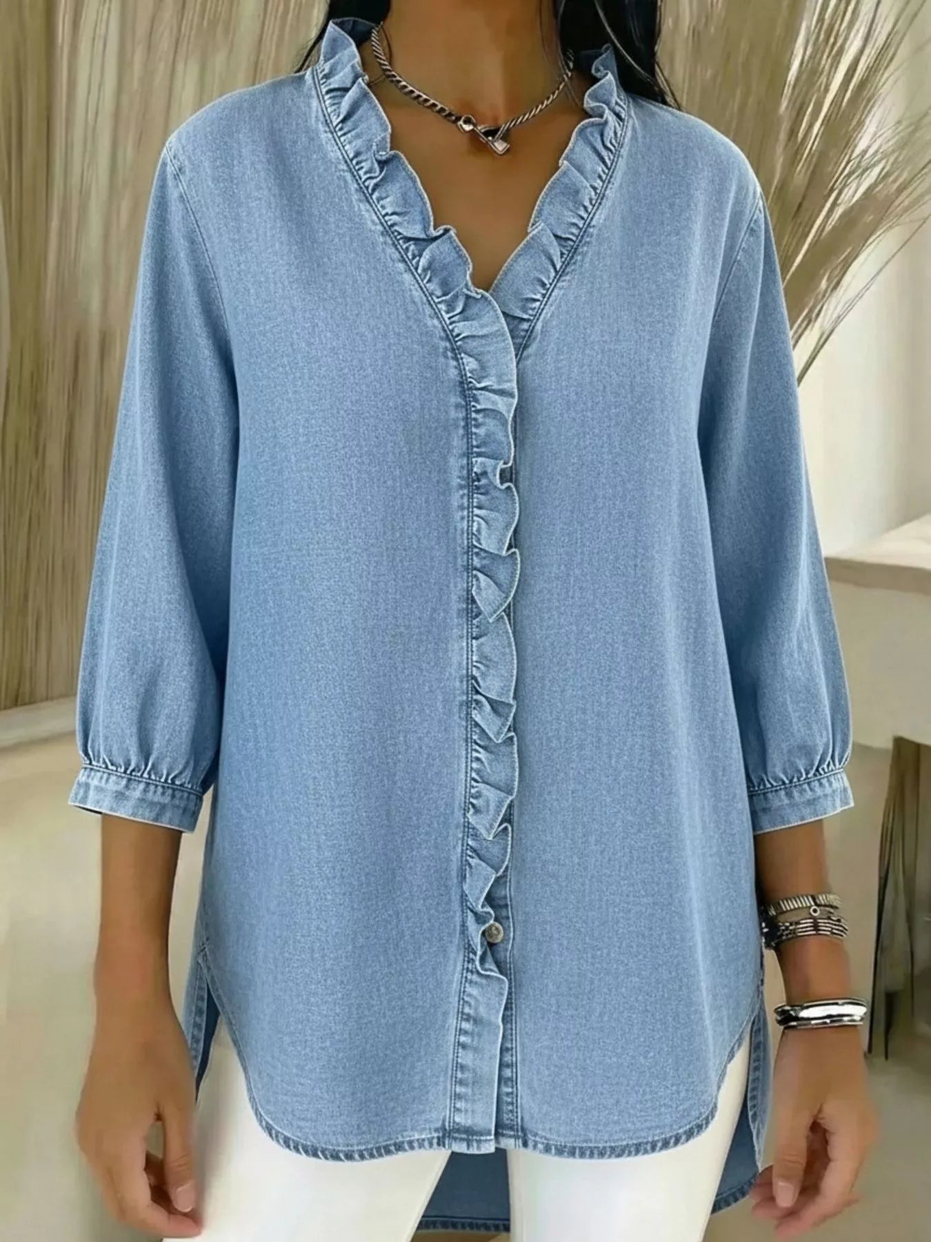 Full Size V-Neck Ruffled Button Down Shirt Plus Size