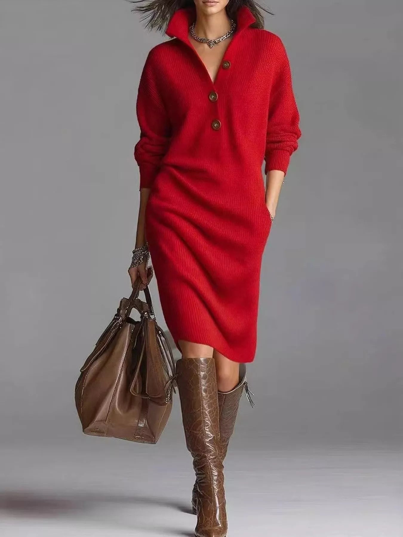Full Size Button-Front Ribbed Knit Sweater Dress Plus Size