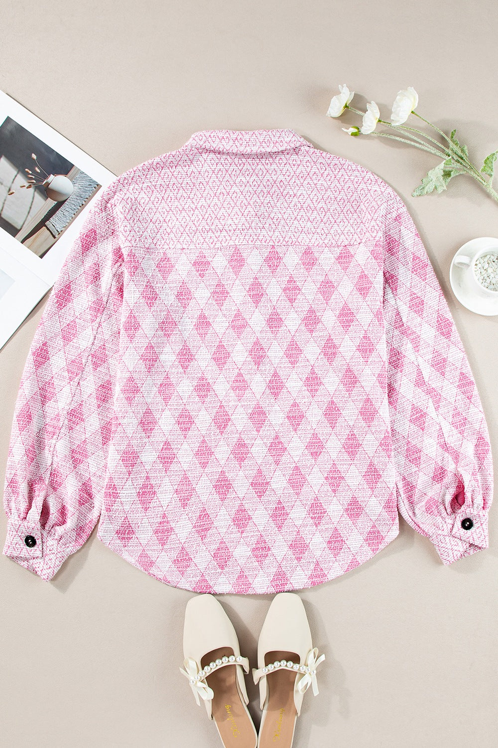 Geometric Print Textured Flap Pocket Shacket