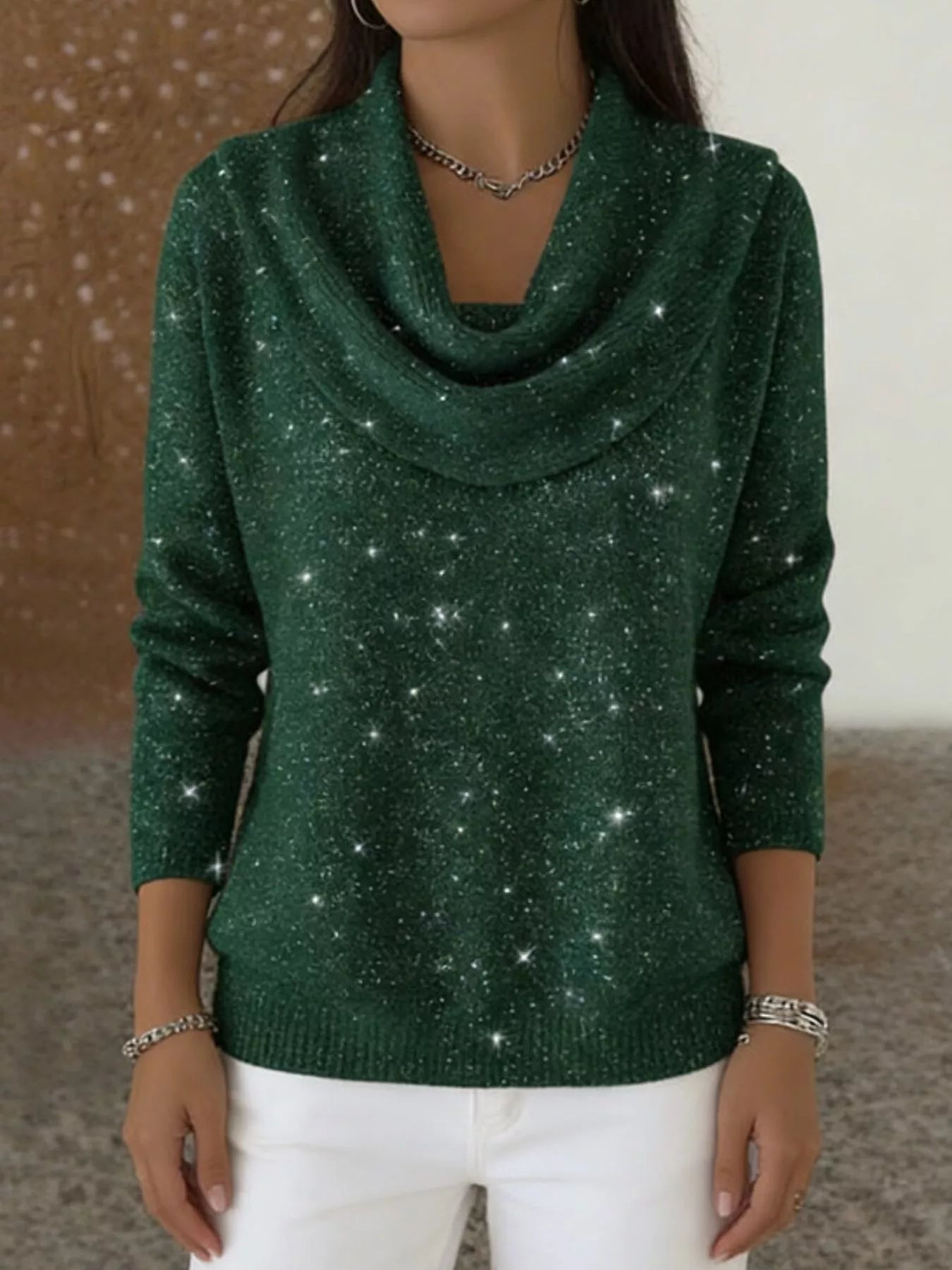 Full Size Glitter Cowl Neck Long Sleeve Sweater Plus Size