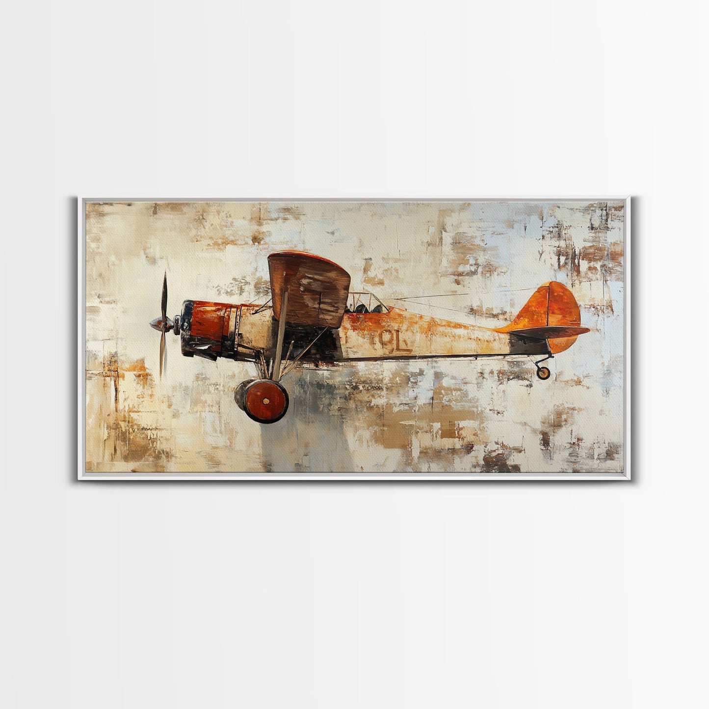 Retro 1920s Airplane In Flight Framed Canvas Print, Airplane Painting, Biplane Painting, Office Decor, Office Wall Art