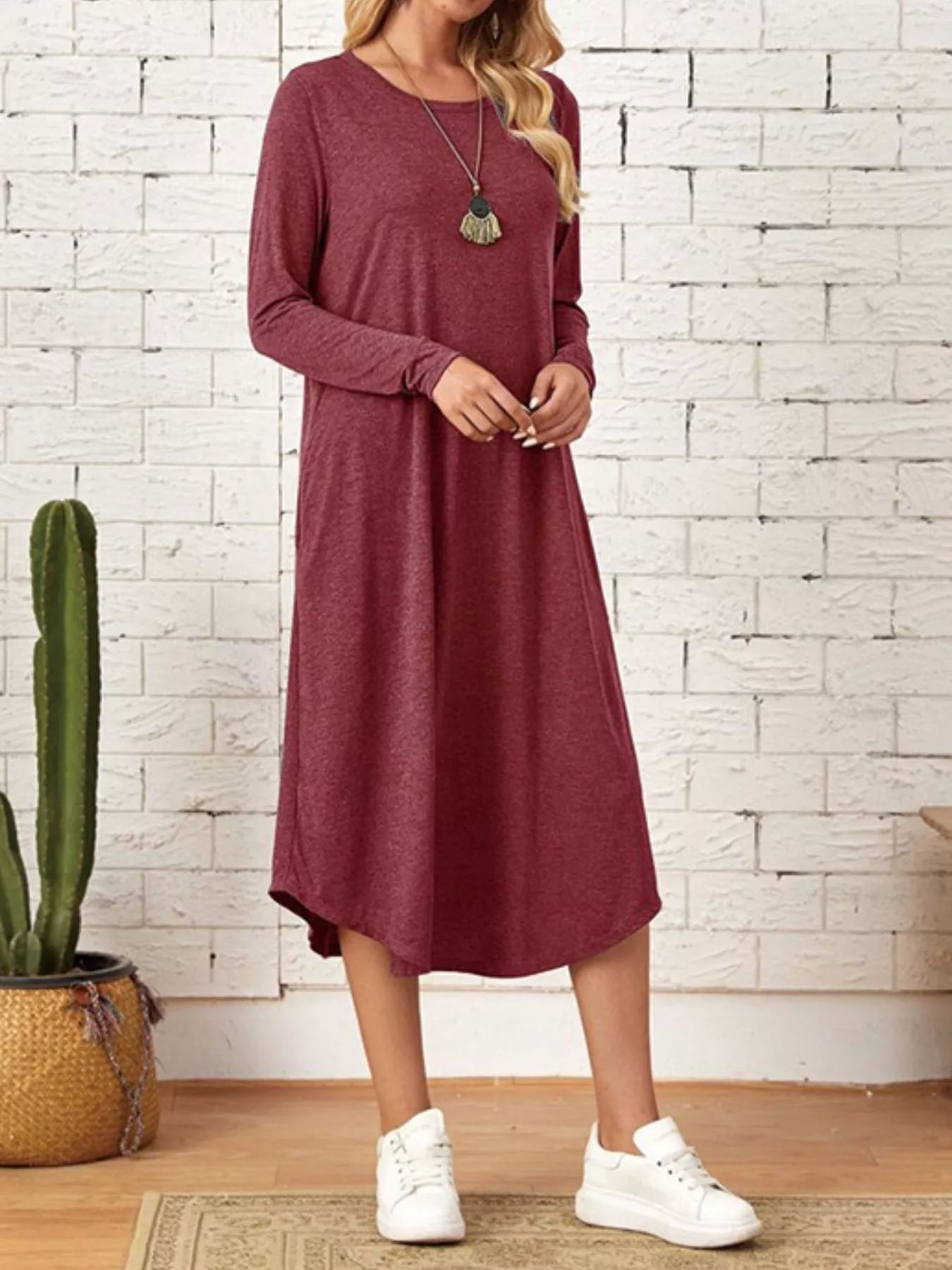 Casual Long Sleeve Pocket Midi Dress