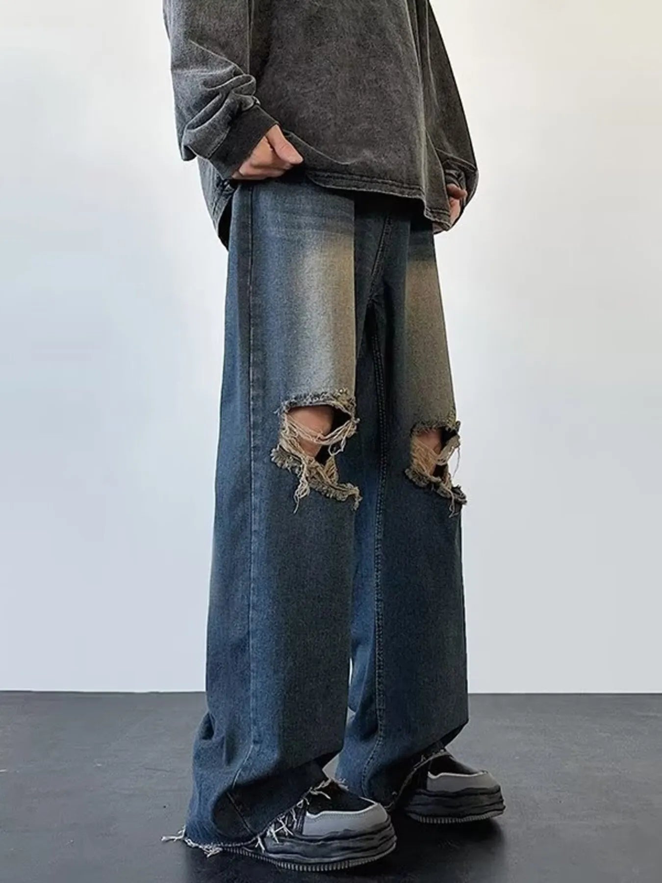 Men's Full Size Distressed Wide Leg Jeans Plus Size