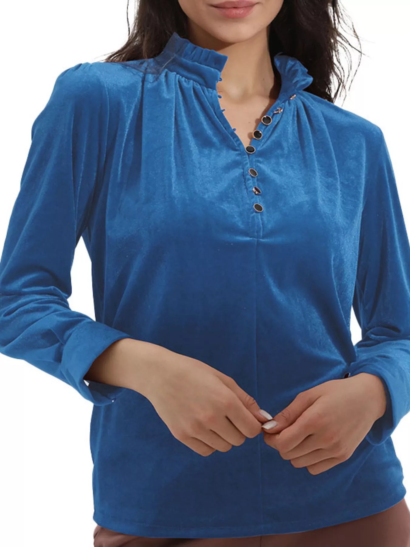Elegant Velvet Ruffle Neck Blouse