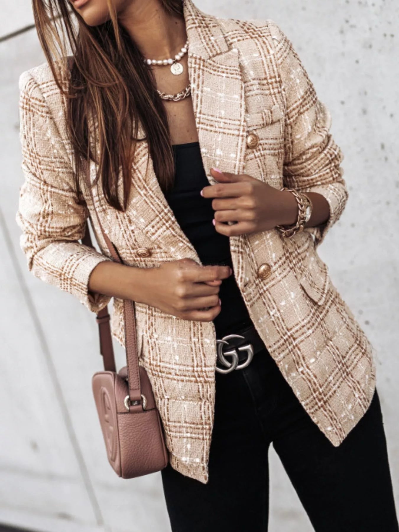 Full Size Plaid Tweed Double-Breasted Blazer Plus Size