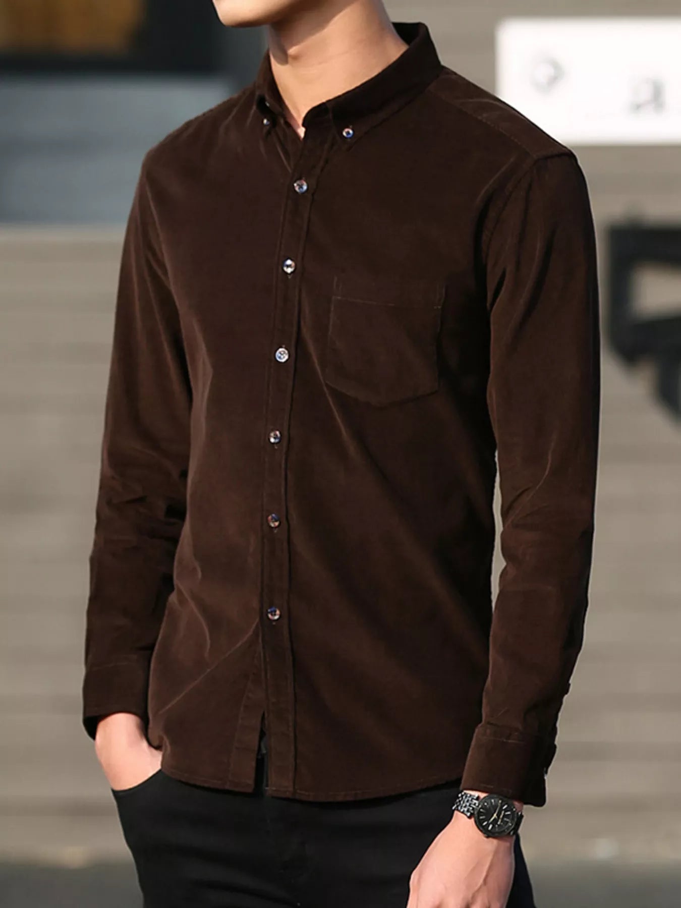 Men's Full Size Casual Corduroy Long Sleeve Shirt Plus Size