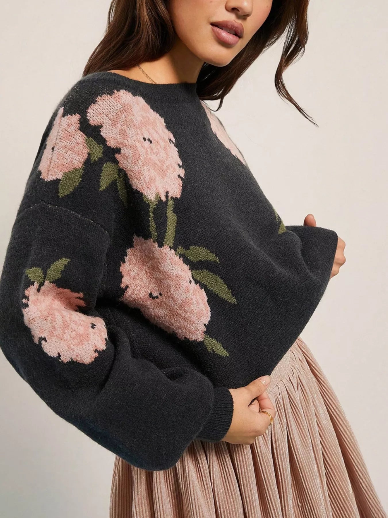 Floral Boat Neck Long Sleeve Sweater