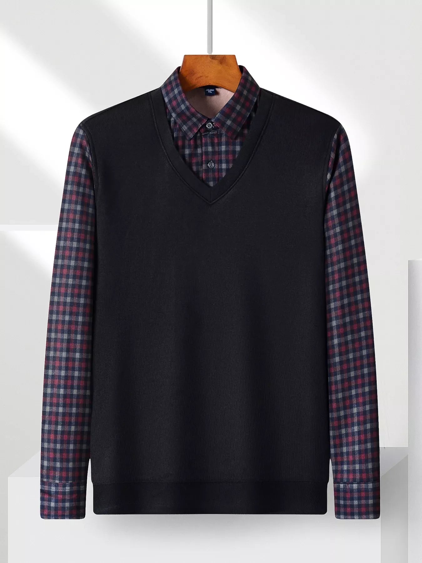 Men's Plus Size Striped Long Sleeve Fake Two-Piece Knit Top