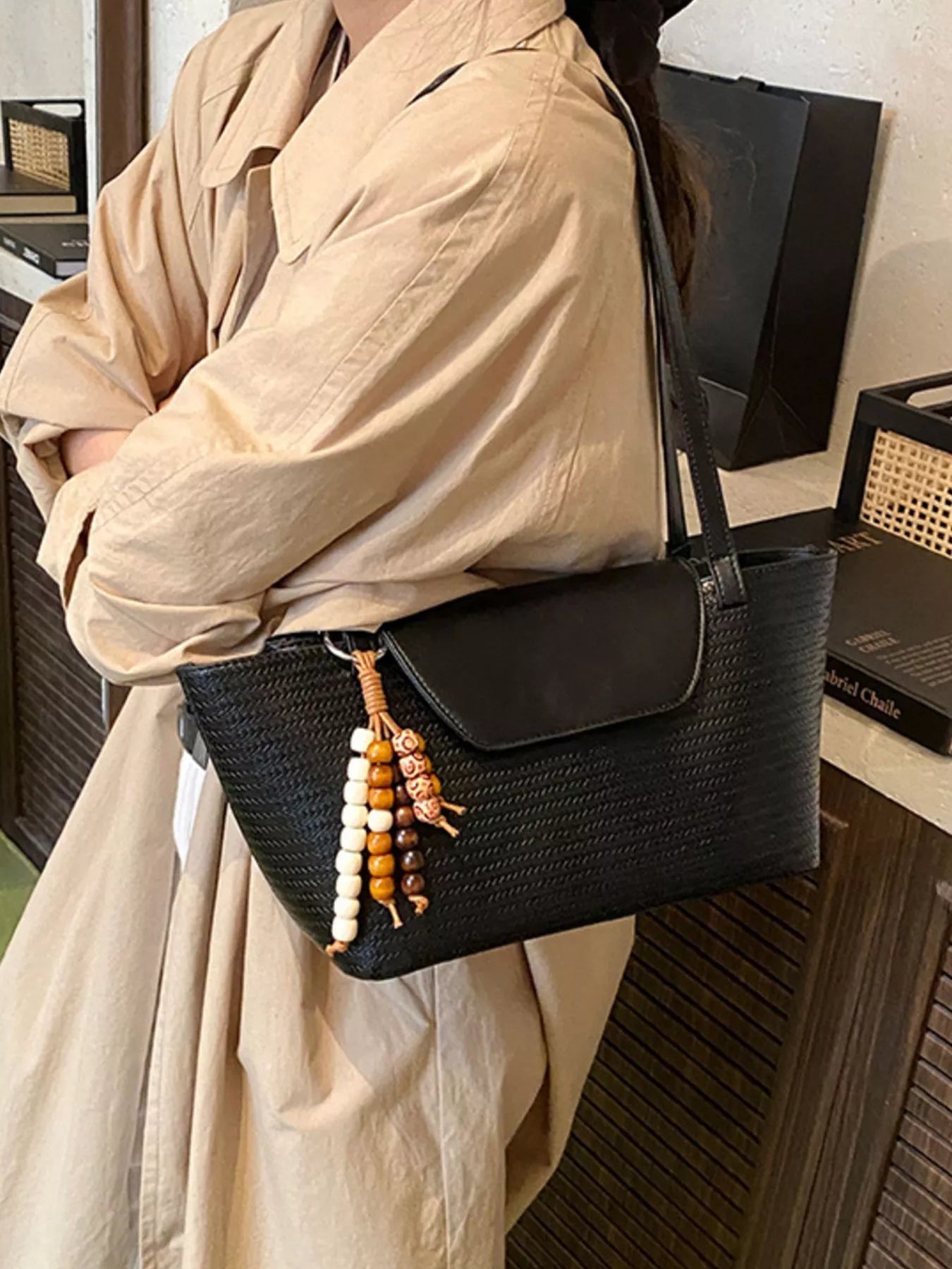 Texture Tote Bag with Beaded Charm