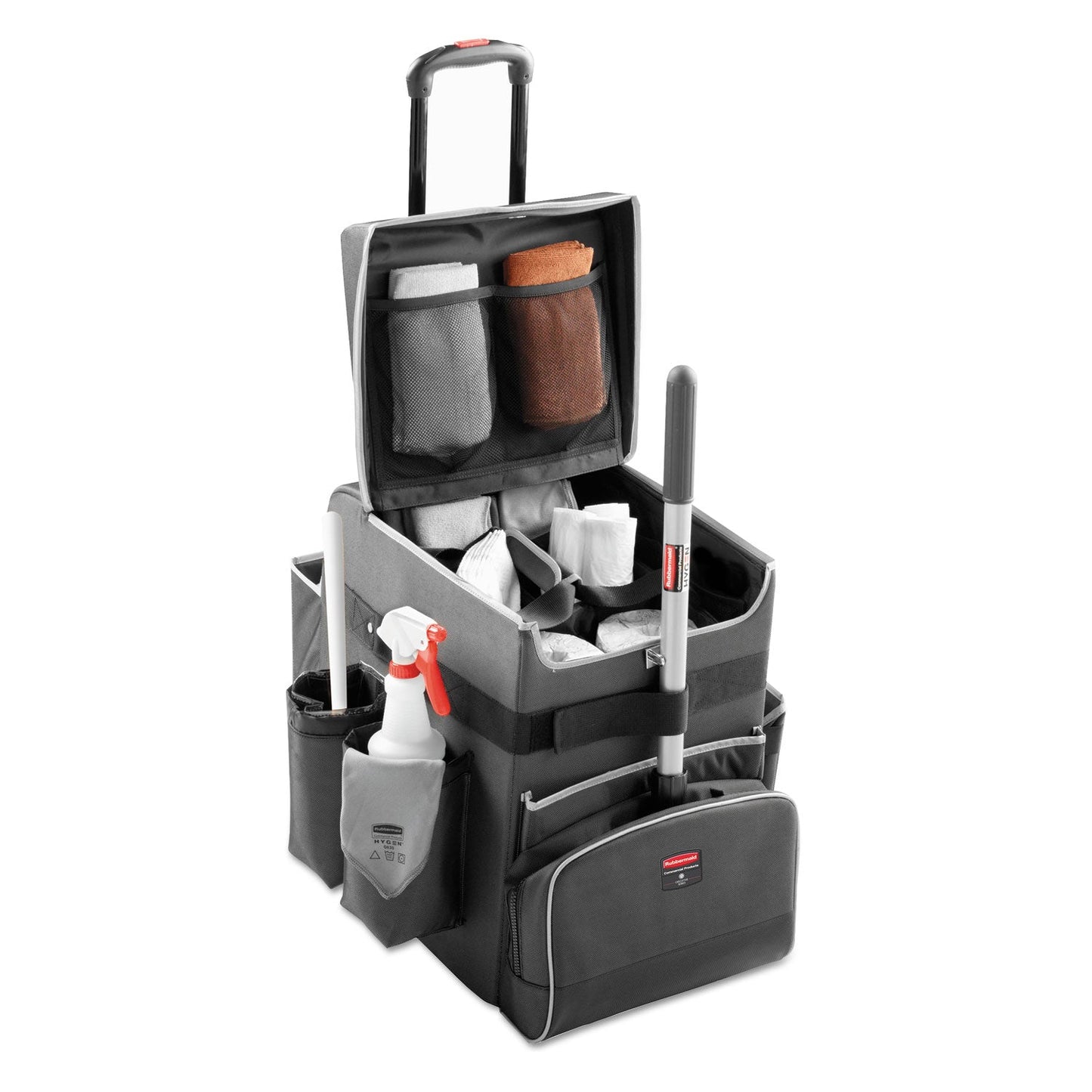 Rubbermaid Executive Quick Clean Janitorial Cart, Synthetic Fabric, 16 Compartments, 14.25" x 16.5" x 25", Dark Gray