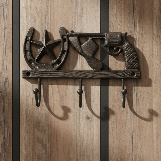 Frontier Cast Iron Cowboy Hook - Star, Horseshoe & Revolver Accent