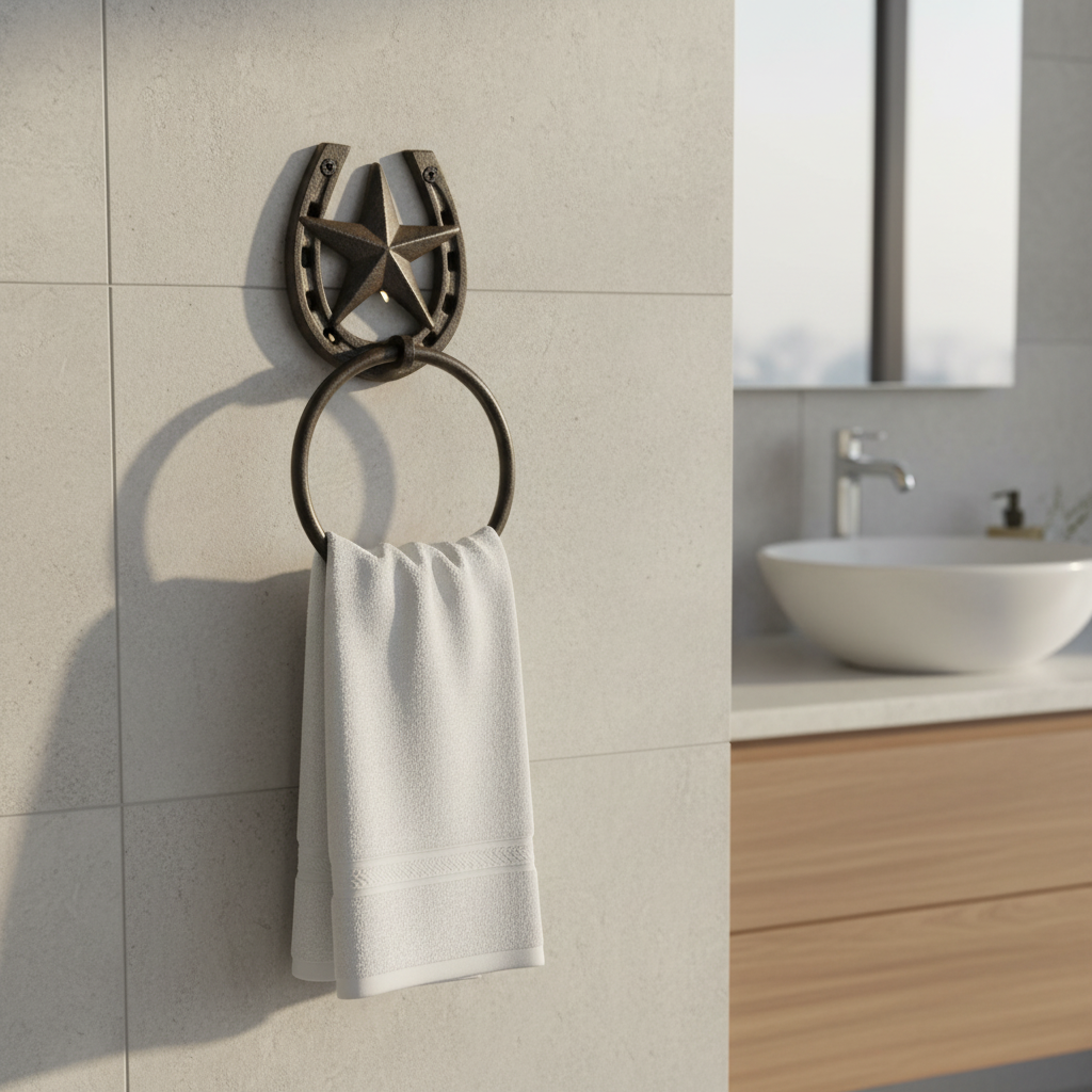 Star & Horseshoe Towel Ring, Western Cast Iron Bathroom Accent