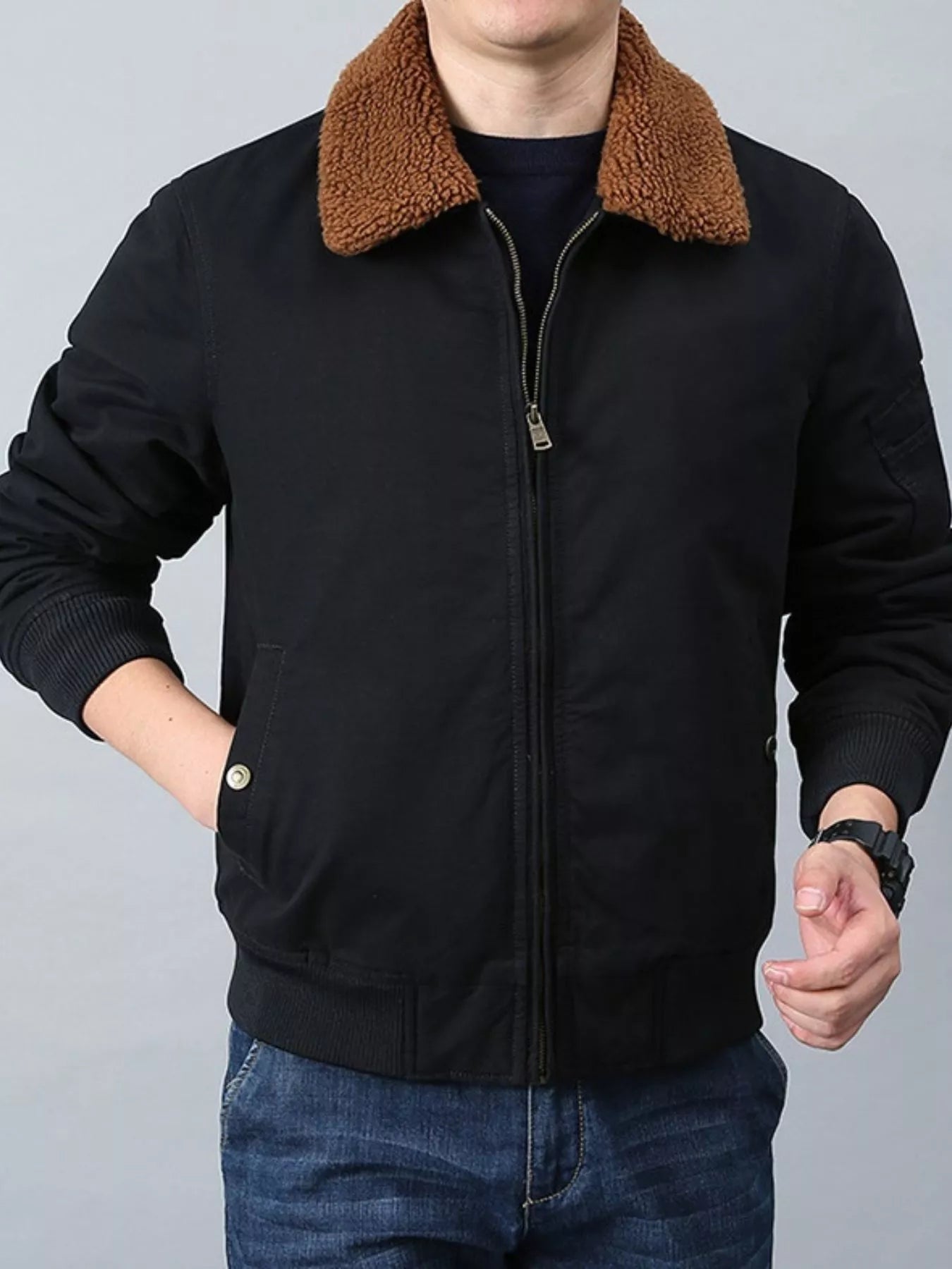 Men's Plus Size Casual Fleece Collar Zip Up Jacket