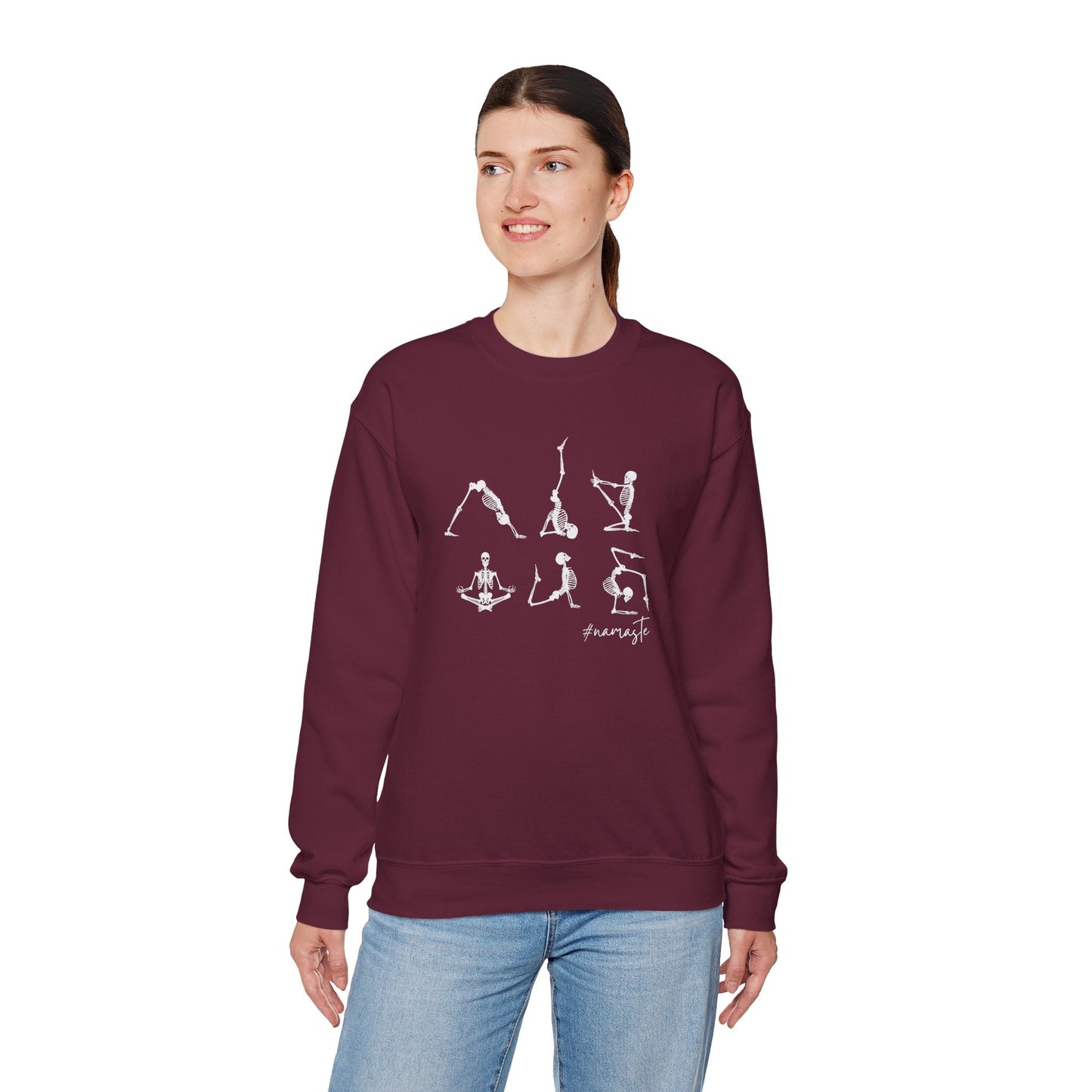 Namaste Halloween Yoga Skeleton Sweatshirt | Cozy Gildan Unisex Crewneck, Three Bees Co. Fall Fashion, Halloween Apparel, Spooky Season Essentials