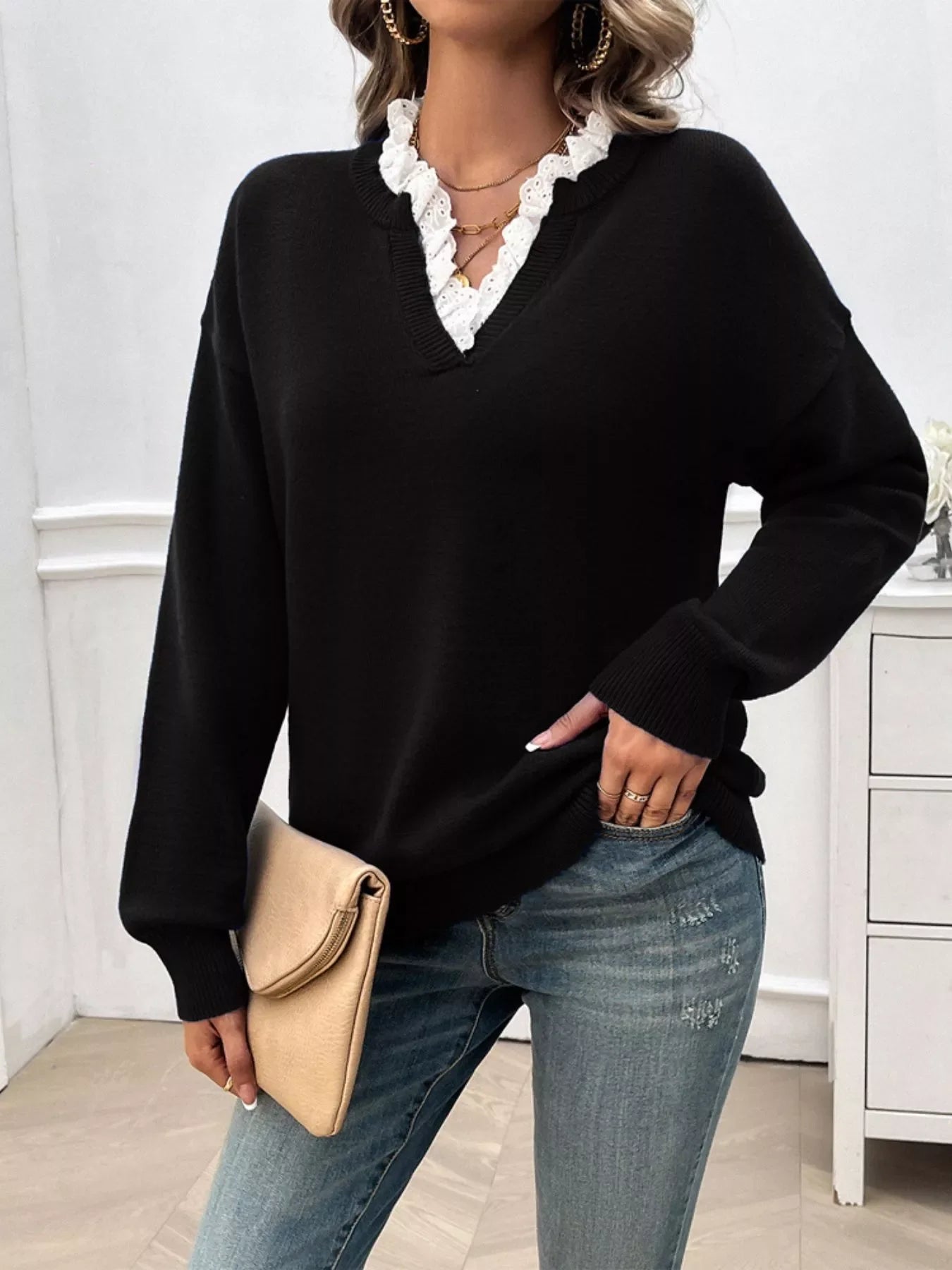 Lace Trim Notched Long Sleeve Sweater
