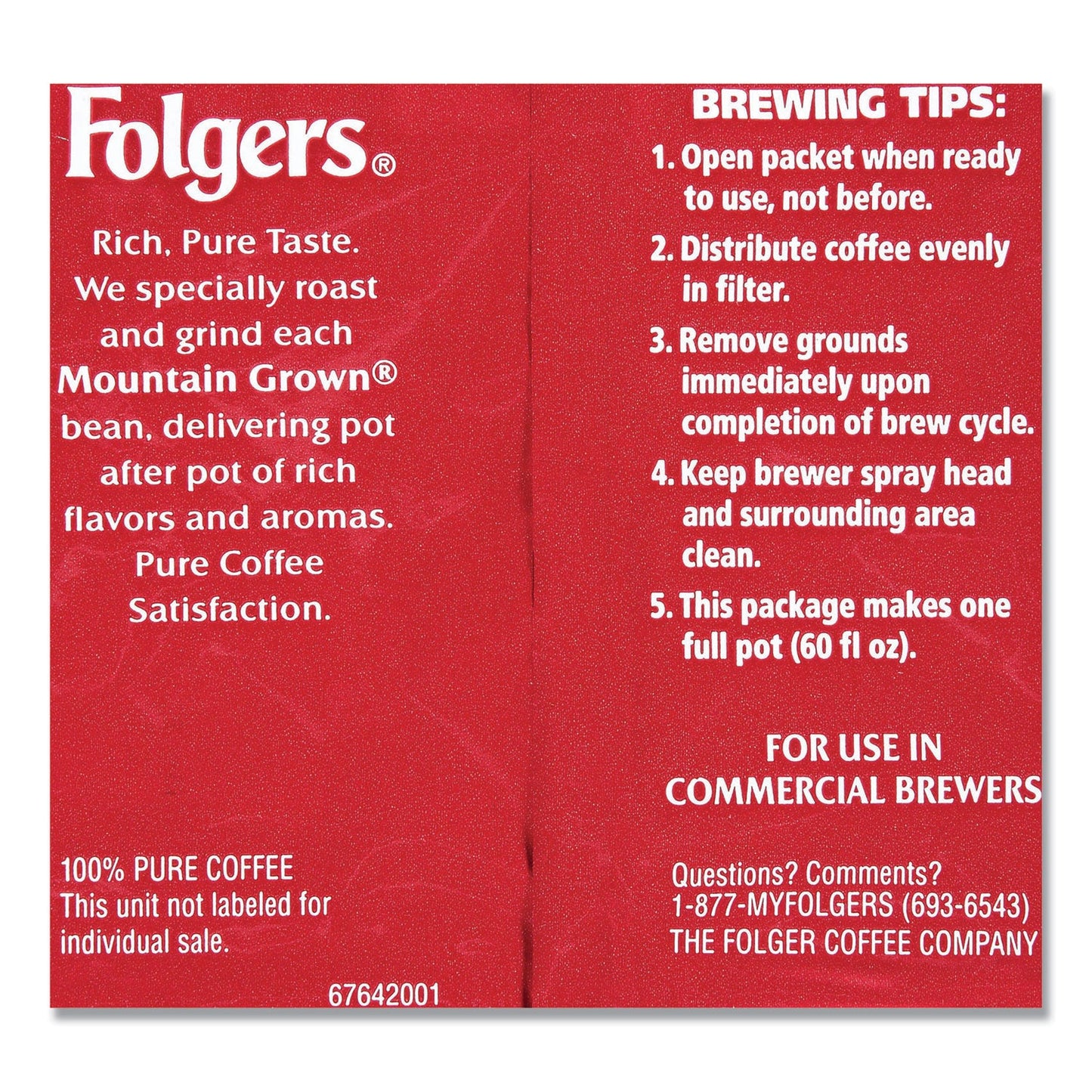 Folgers Coffee, Fraction Pack, Classic Roast, 1.5oz, 42/Carton