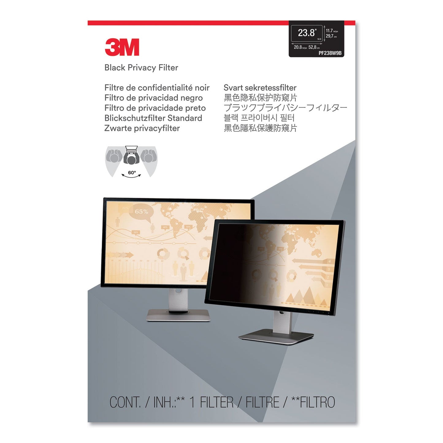 3M Frameless Blackout Privacy Filter for 23.8" Widescreen Monitor, 16:9 Aspect Ratio
