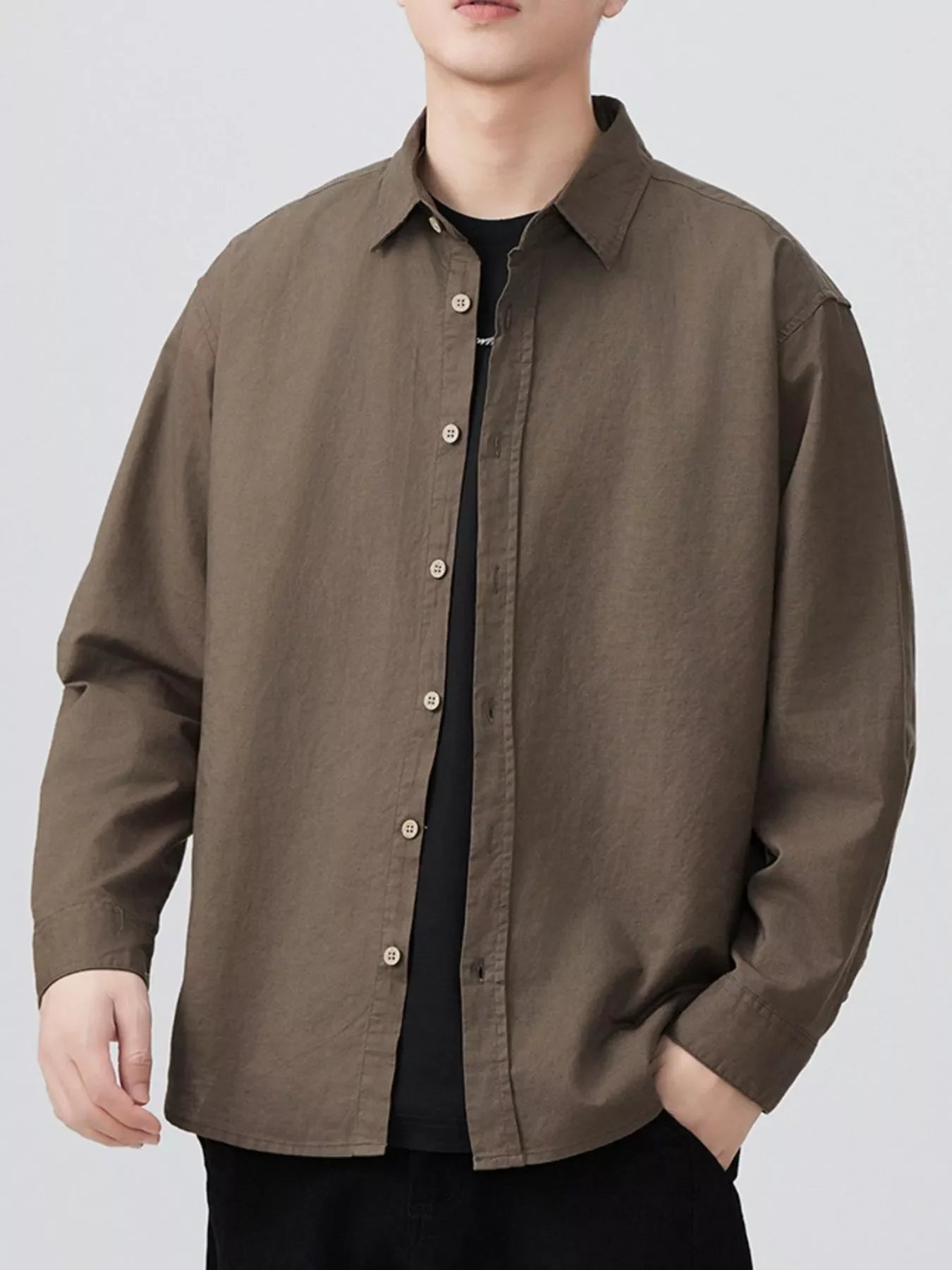 Men's Plus Size Casual Solid Color Long Sleeve Shirt