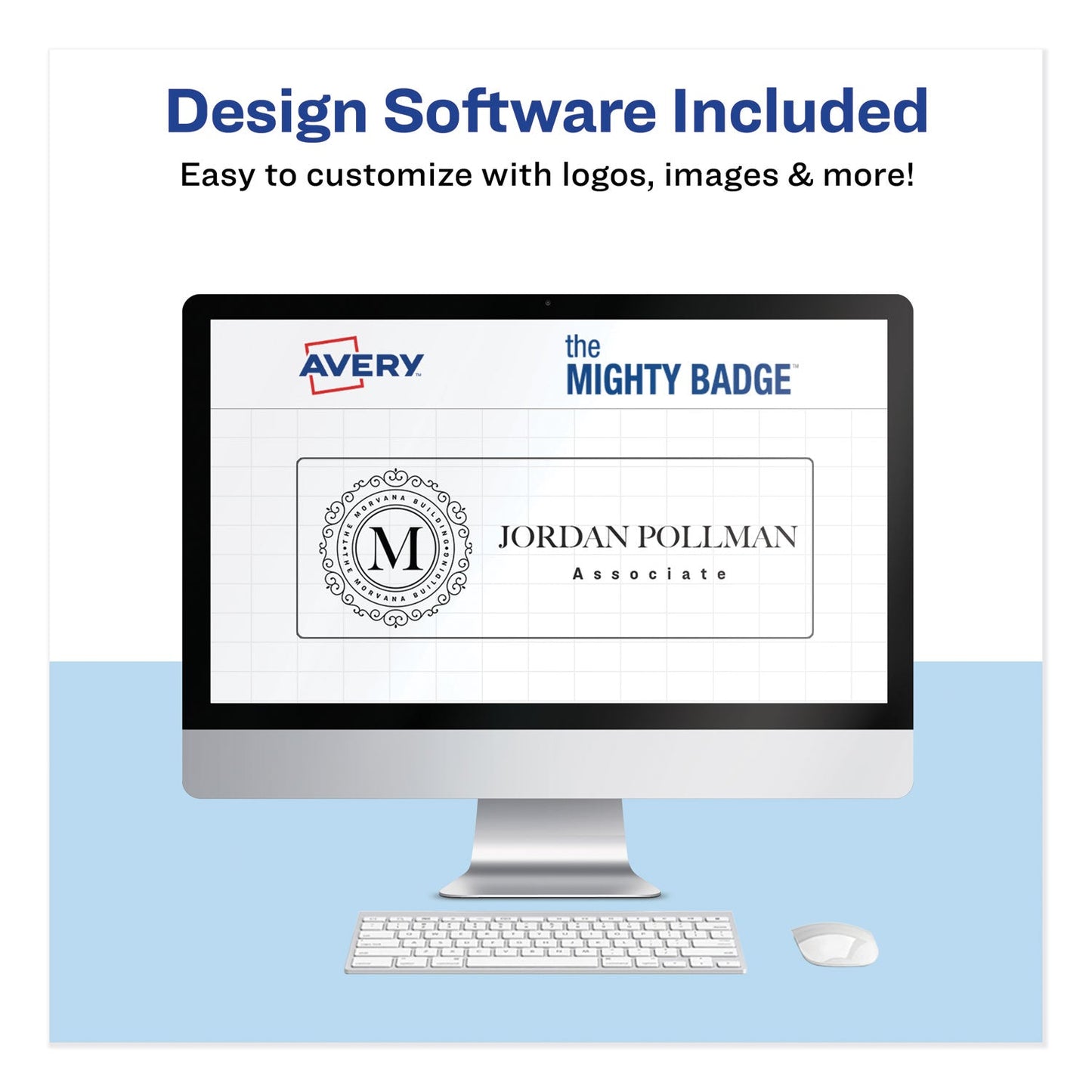 Avery The Mighty Badge Name Badge Holder Kit, Horizontal, 3 x 1, Laser, Gold, 50 Holders/120 Inserts