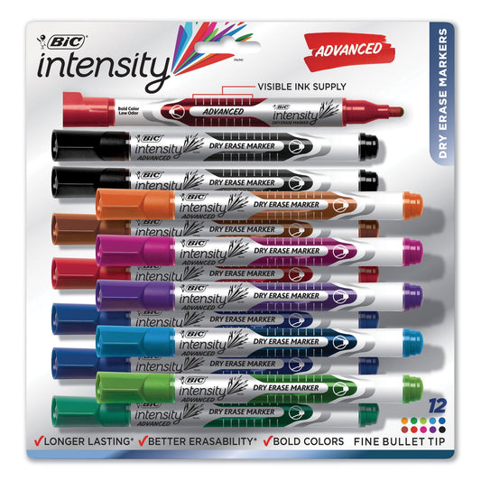 BIC Intensity Advanced Dry Erase Marker, Pocket-Style, Medium Bullet Tip, Assorted Colors, Dozen