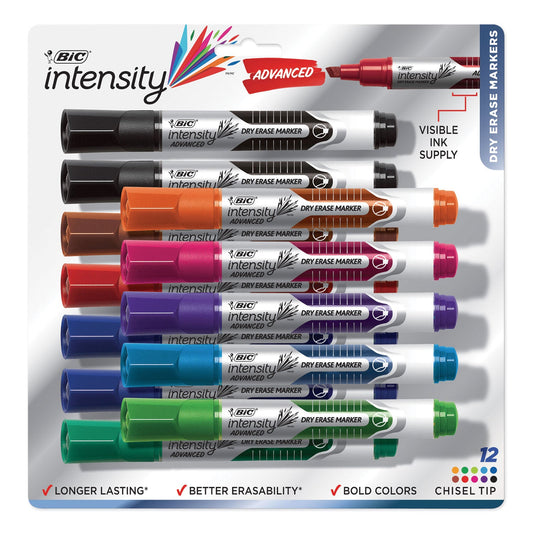 BIC Intensity Advanced Dry Erase Marker, Tank-Style, Broad Chisel Tip, Assorted Colors, Dozen