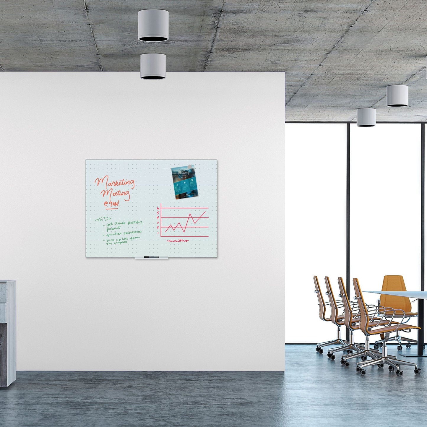 U Brands Floating Glass Ghost Grid Dry Erase Board, 48 x 36, White