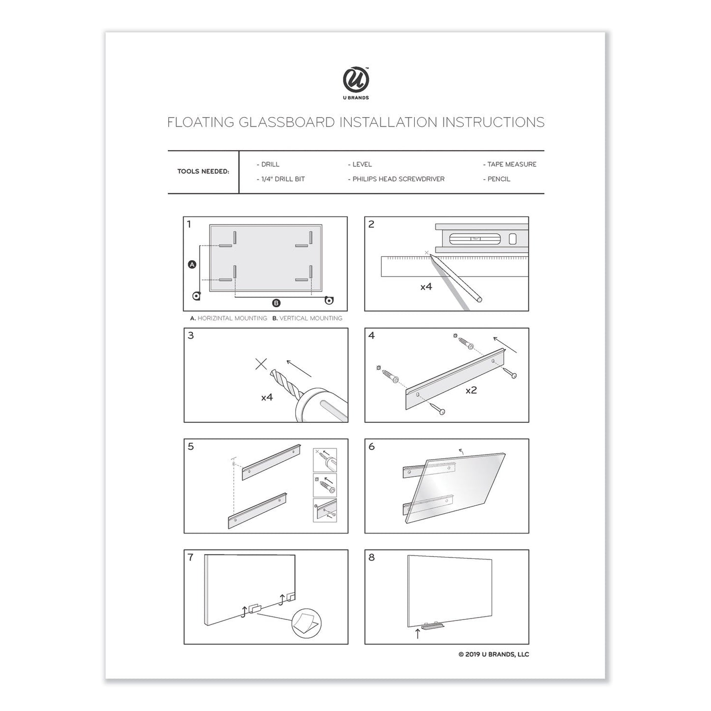 U Brands Floating Glass Ghost Grid Dry Erase Board, 36 x 24, White