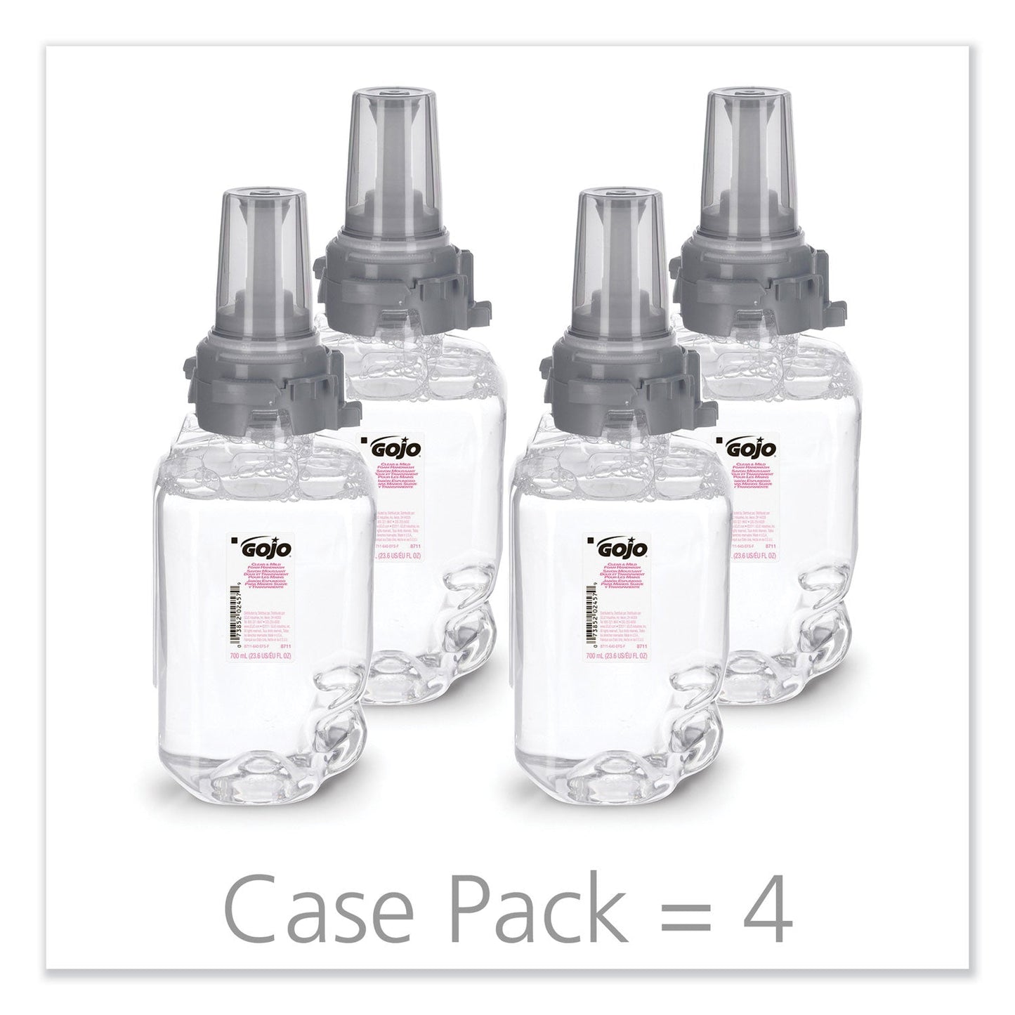 GOJO Clear and Mild Foam Handwash Refill, For ADX-7 Dispenser, Fragrance-Free, 700 mL, Clear, 4/Carton