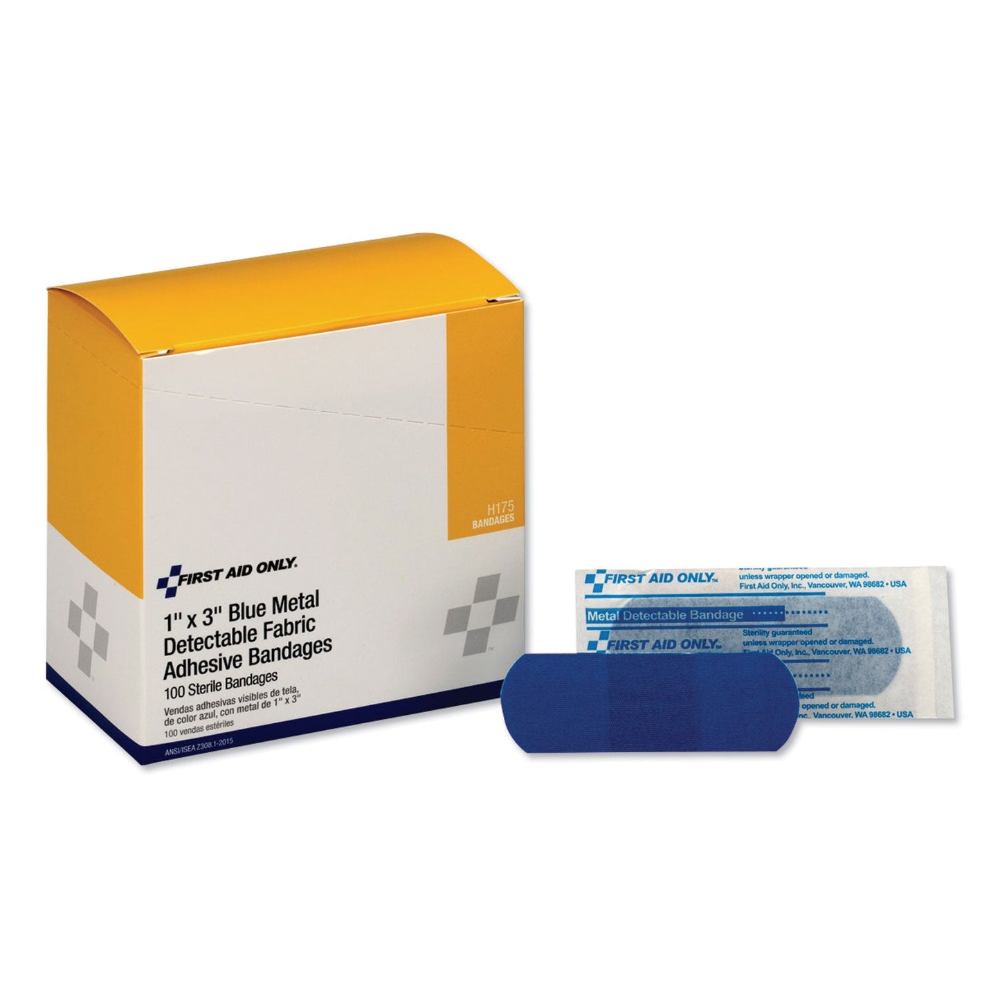 First Aid Only Adhesive Blue Metal Detectable Bandages, 1 x 3, Plastic with Foil, 100/Box, 12 Boxes/Carton