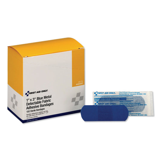 First Aid Only Adhesive Blue Metal Detectable Bandages, 1 x 3, Plastic with Foil, 100/Box, 12 Boxes/Carton